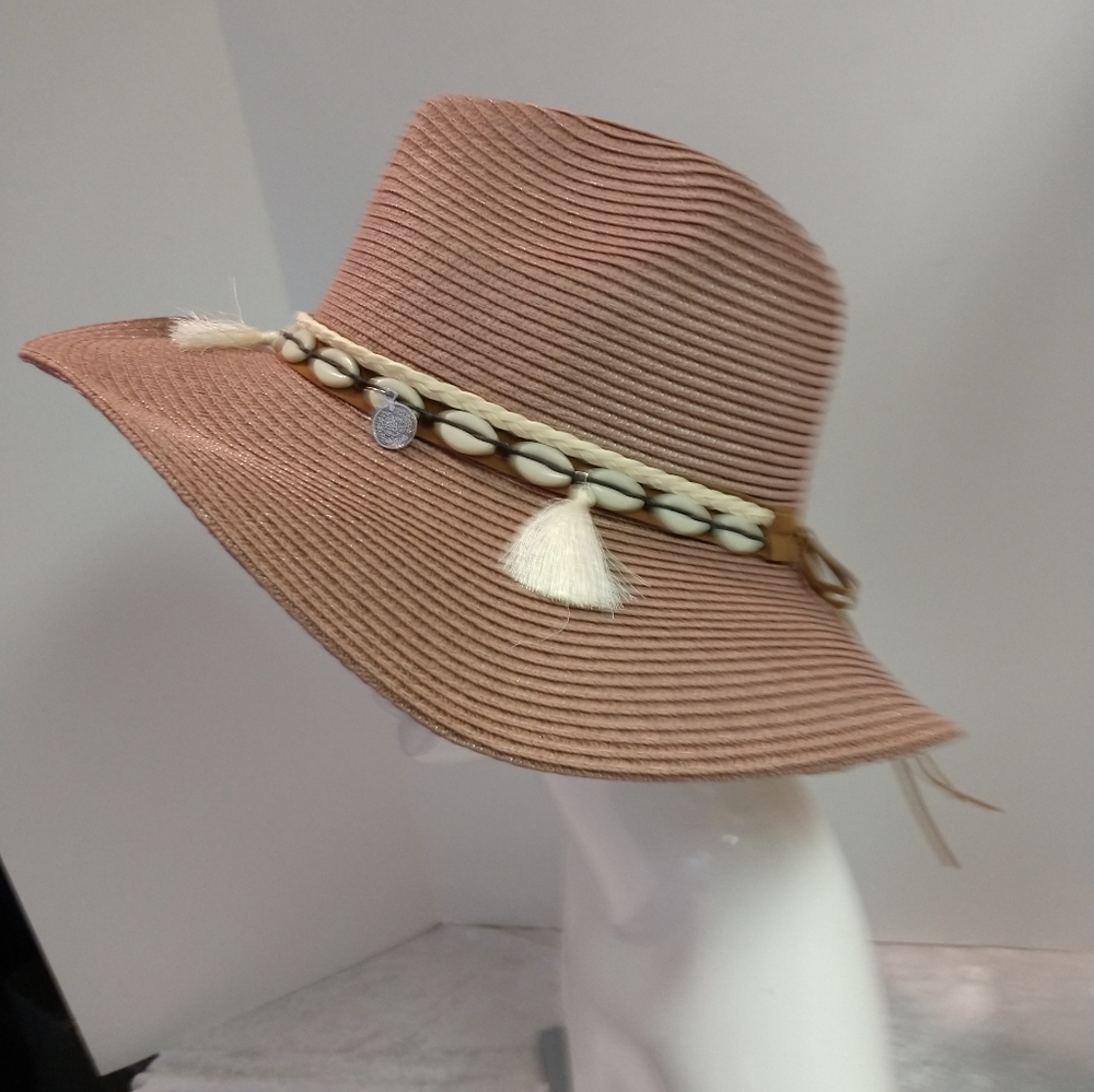 Unisex Woven Western Straw Beach Sun Hat Cowrie Cowry Shells Tassels Folds Mauve - Picture 6 of 9